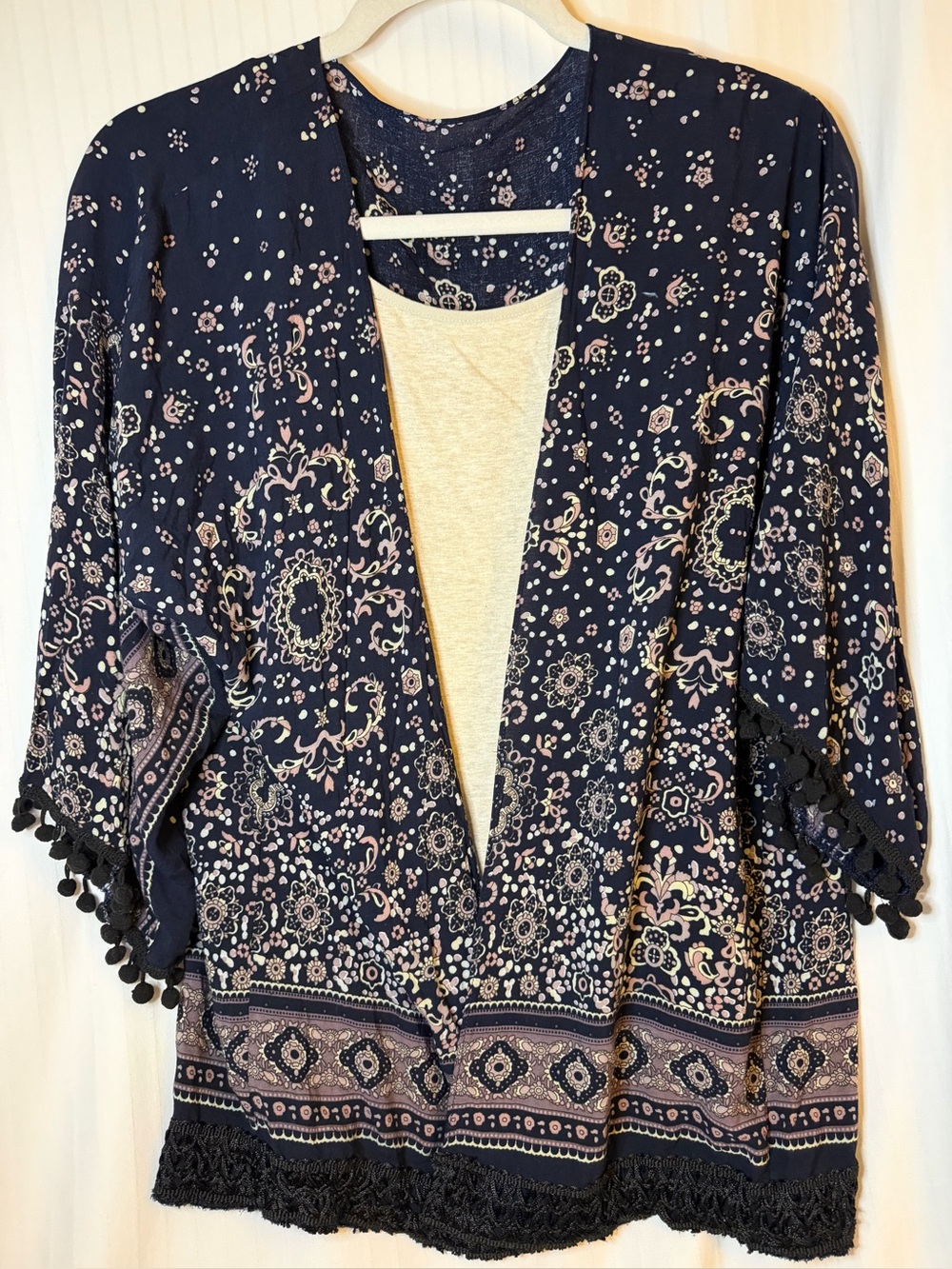 Maeve Anthropologie navy top with pompom and lace trim detailing in women’s M